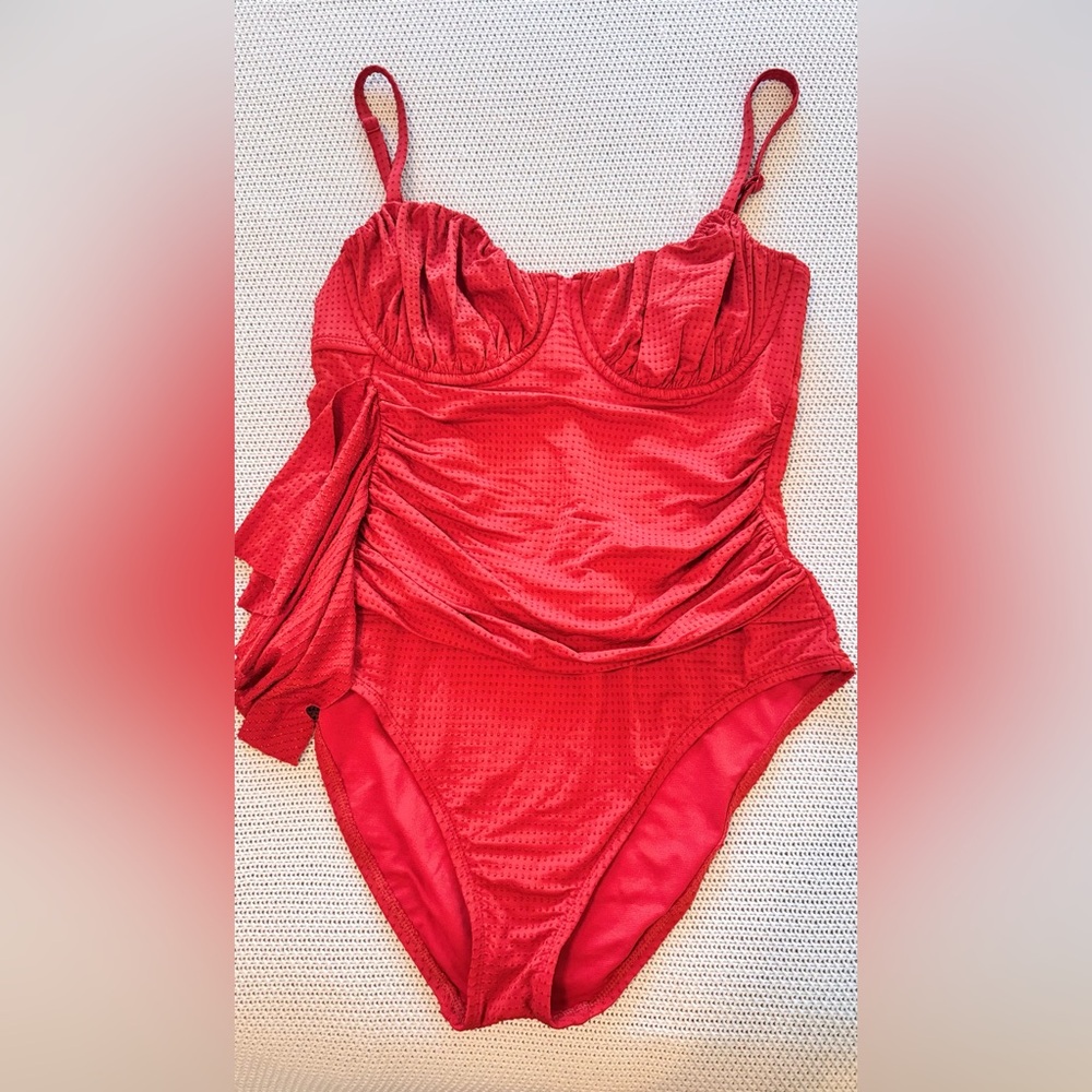 RHODE Ruched Tummy Embossed Dot Ruffle Red One Piece Swimsuit - Picture 4 of 13